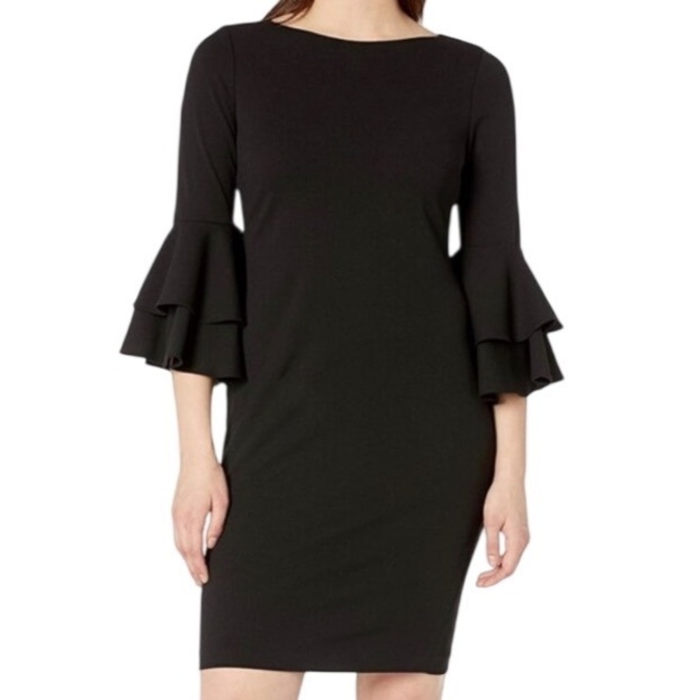 Calvin Klein Womens Tiered Bell Sleeve Sheath Dress Black Size 10 Classic Career